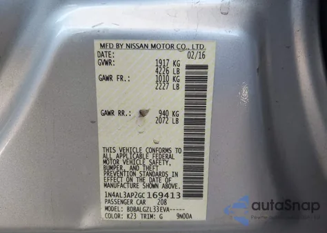 2016 Nissan Altima 2.5/2.5 S/2.5 Sl/2.5 Sr/2.5 Sv из США, поврежденный, VIN 1N4AL3AP2GC169413